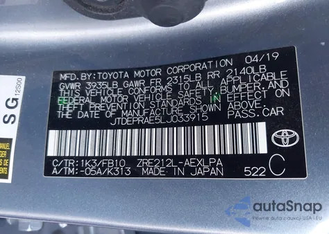 2020 Toyota Corolla Le z USA, uszkodzony, nr VIN JTDEPRAE5LJ033915